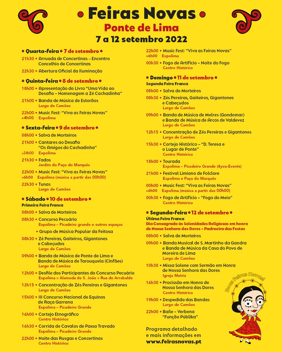 Programa das Feiras Novas
7 a 12 setembro 2022
#FeirasNovas #FeirasNovas2022 #PontedeLima #MunicípiodePontedeLima
