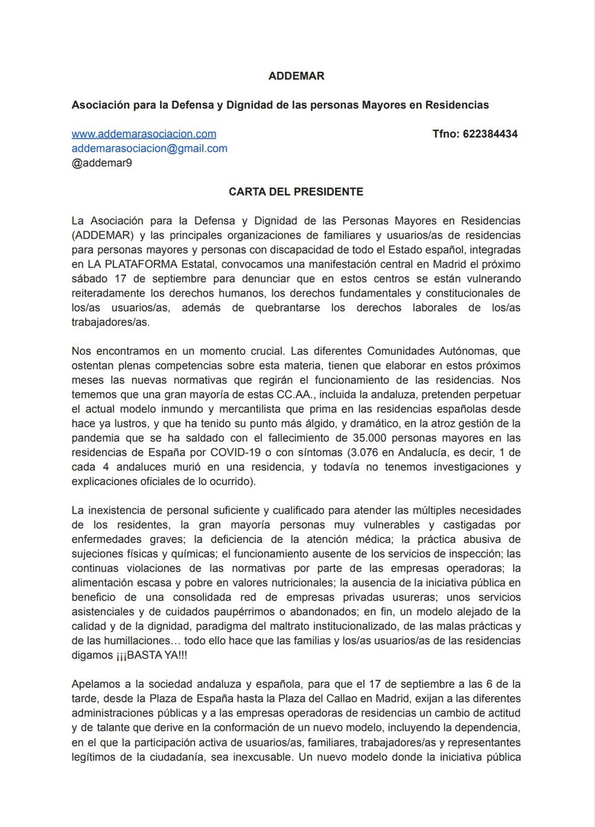ADDEMAR9's tweet photo. Nuestro presidente, @ManuelCortes247, anima a toda la sociedad a acudir el 17 de septiembre, en Madrid, a la manifestación "Otro modelo de residencias es posible" con esta carta 🧾📢 #ADDEMAR #17S #ManifestacionMadrid17S #PorNuestrosMayores https://t.co/zgfso4JNGz