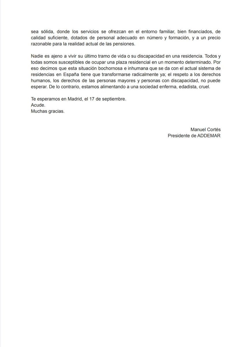 ADDEMAR9's tweet photo. Nuestro presidente, @ManuelCortes247, anima a toda la sociedad a acudir el 17 de septiembre, en Madrid, a la manifestación "Otro modelo de residencias es posible" con esta carta 🧾📢 #ADDEMAR #17S #ManifestacionMadrid17S #PorNuestrosMayores https://t.co/zgfso4JNGz