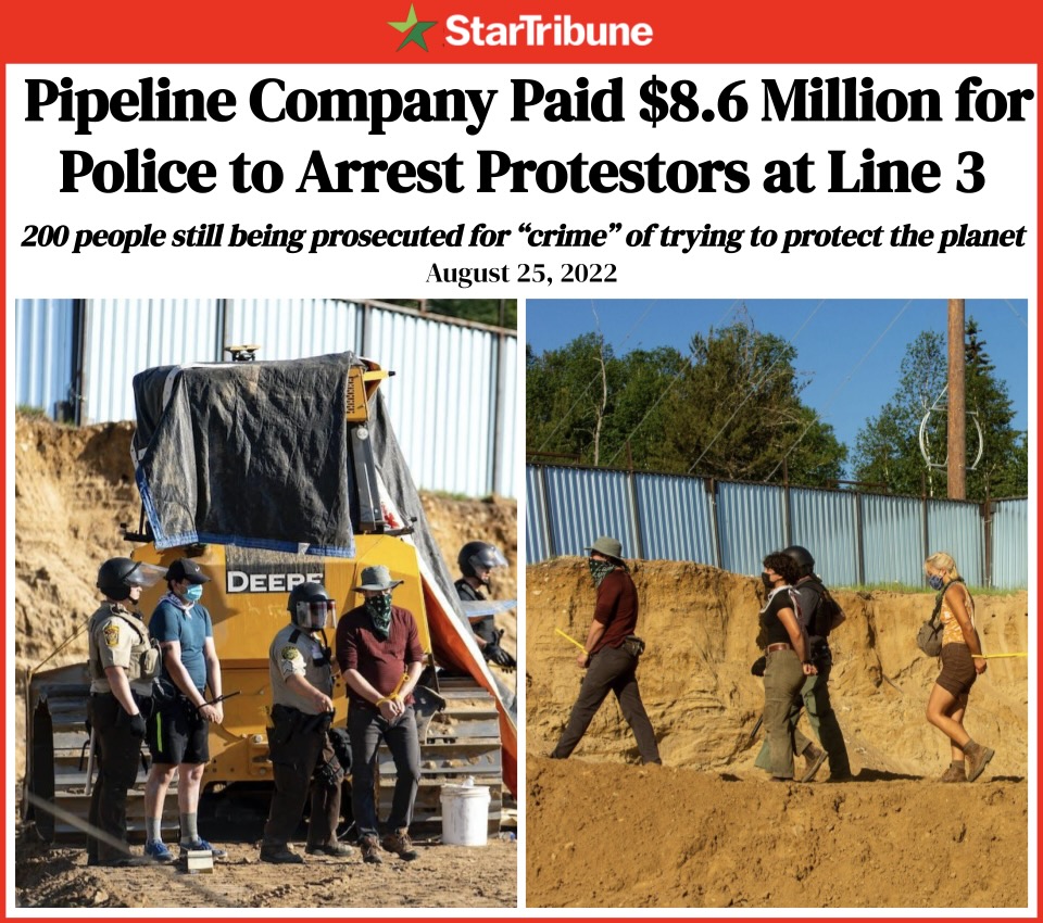 SDonziger's tweet image. BREAKING: Pipeline company @Enbridge spent almost $10m to buy off Minnesota police forces who arrested hundreds of Indigenous peoples at Line 3. Who gave the fossil fuel industry the right to buy public cops?

Shocking and revolting. @ResistLine3
adobe.ly/3e1UbBW