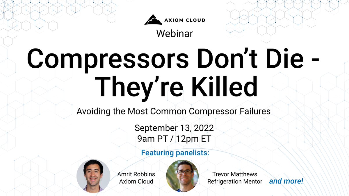On September 13 at 9AM PT, we will be hosting our next #webinar, featuring Trevor Matthews of Refrigeration Mentor. Along with other industry experts, Amrit &amp; Trevor will be discussing how to avoid all of the most common compressor failures!
Register here: us02web.zoom.us/webinar/regist…