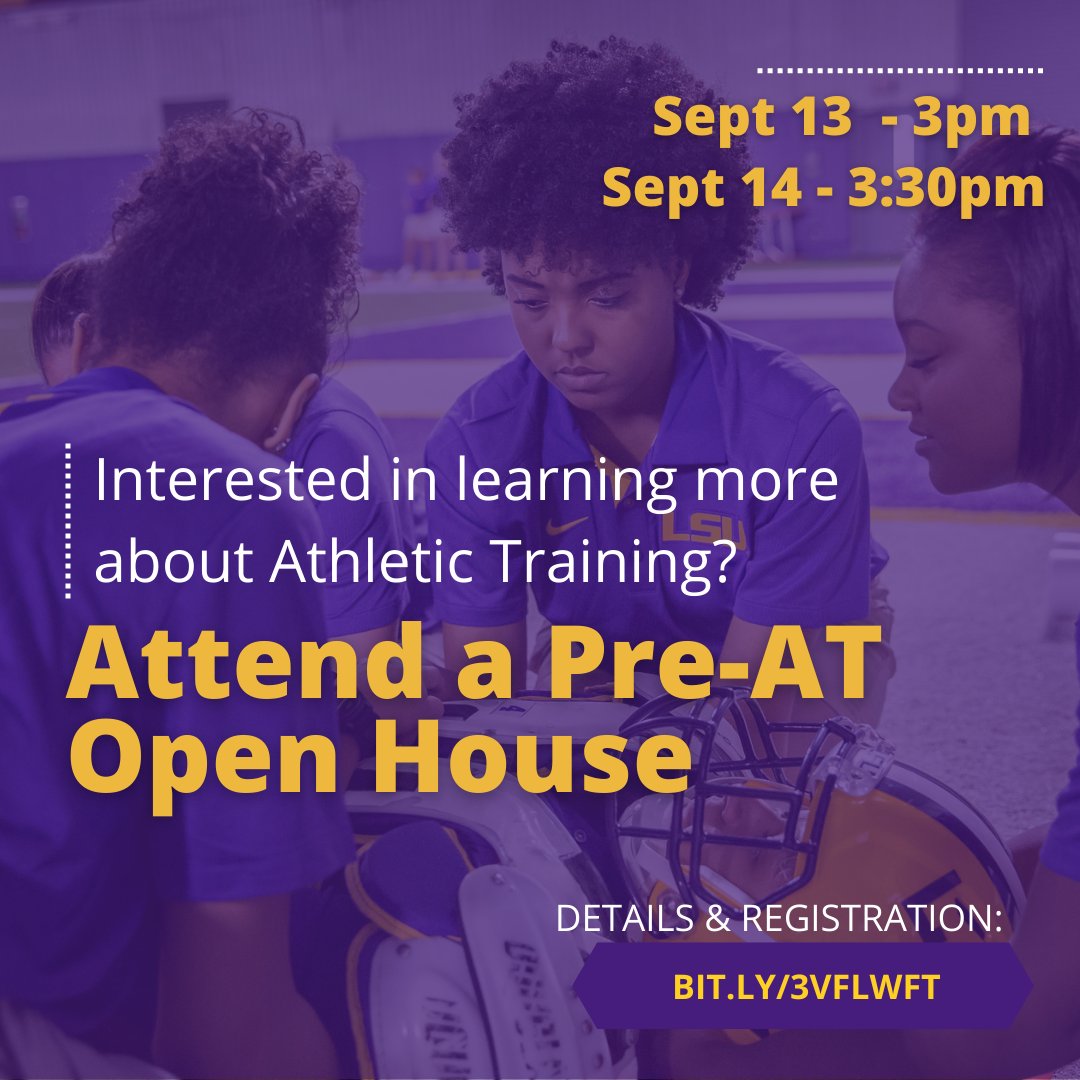 LSU_Kinesiology's tweet photo. Do you love sports? Are you interested in the medical field? Unsure of how to combine your passions to find the perfect career? Then come to one of our Pre-AT Open House sessions & learn all about Athletic Training! https://t.co/KEVaBTwQMZ #geauxAT #athletictraining #preAT https://t.co/idZy5eKwir