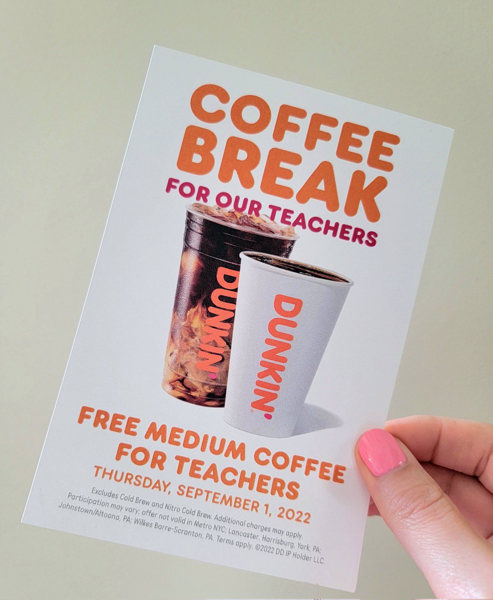 RIprobz's tweet photo. RT to spread the word! 

Teachers can receive a FREE Medium Coffee this Thursday, 9/1! 

@dunkindonuts 
#DunkinProv #spons #RIprobz https://t.co/FR1n6cbwaZ