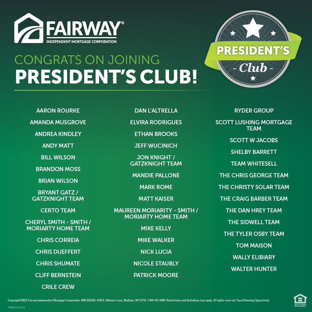 FairwayMC's tweet photo. Congrats to our new Club Members for July 2022!

We can't wait to see our teammates move forward and congratulate new members who come aboard.

Keep playing, #FairwayNation!

#Leadership #Sales #RealEstate #Mortgage https://t.co/9AG5FLUeO1