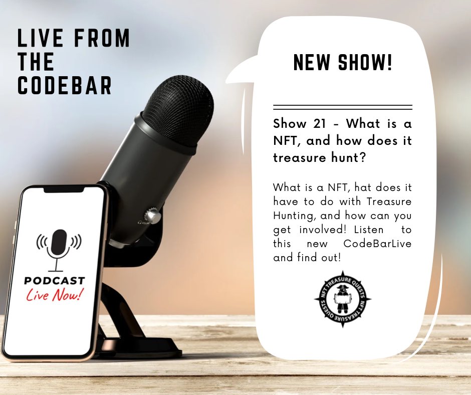codebarlive's tweet photo. A new CodeBarLive show is available, on this show I talk with @NFTreasureQuest about their new Treasure Hunt launching very soon! #treasurehunt #nft #nfttreasurequest #codebarlive https://t.co/0XxnYX0UDb https://t.co/rFNrECVWyt