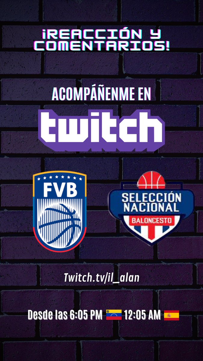 il_alan's tweet photo. ¡Activos hoy! 🏀 Juegan los nuestros: Venezuela 🇻🇪 vs. 🇩🇴 República Dominicana en las eliminatorias #FIBAWC al mundial 2023.

Te espero en mi canal de #Twitch y conversamos mientras juegan 💜

🔥 https://t.co/4PZf7IEYfA 🔥

👉🏼 6:05PM 🇻🇪
👉🏼 12:05AM 🇪🇦 https://t.co/r6AQ68VHlG