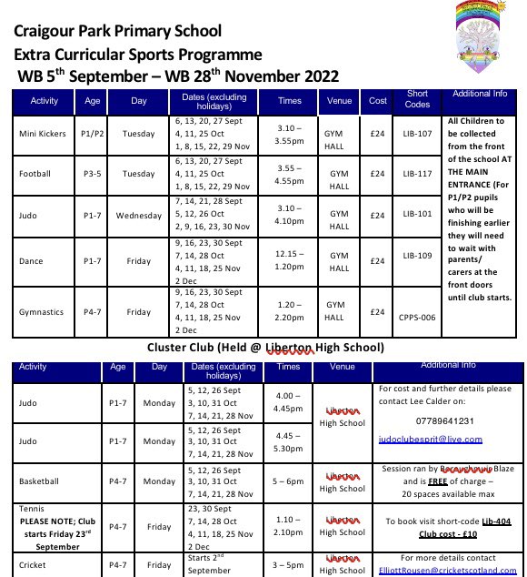 CraigourPe's tweet photo. Our Active Schools programme is live. 
Register for a club place @ https://t.co/hJuqMkOEL6 
Club places allocated on first come first served basis. 
Contact our Active School coordinator Robert.ure@ea.edin.sch.uk for more info.
@ActiveSchoolsED https://t.co/LOMAagH6rO