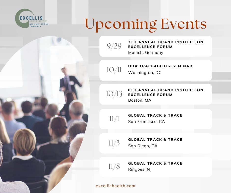 ExcellisHealth's tweet photo. Check out a list of our upcoming events!

Don't forget to register for our GTT events: https://t.co/F5pcQcj76I

#brandprotection #traceability #gtt https://t.co/BPIXwX4W70