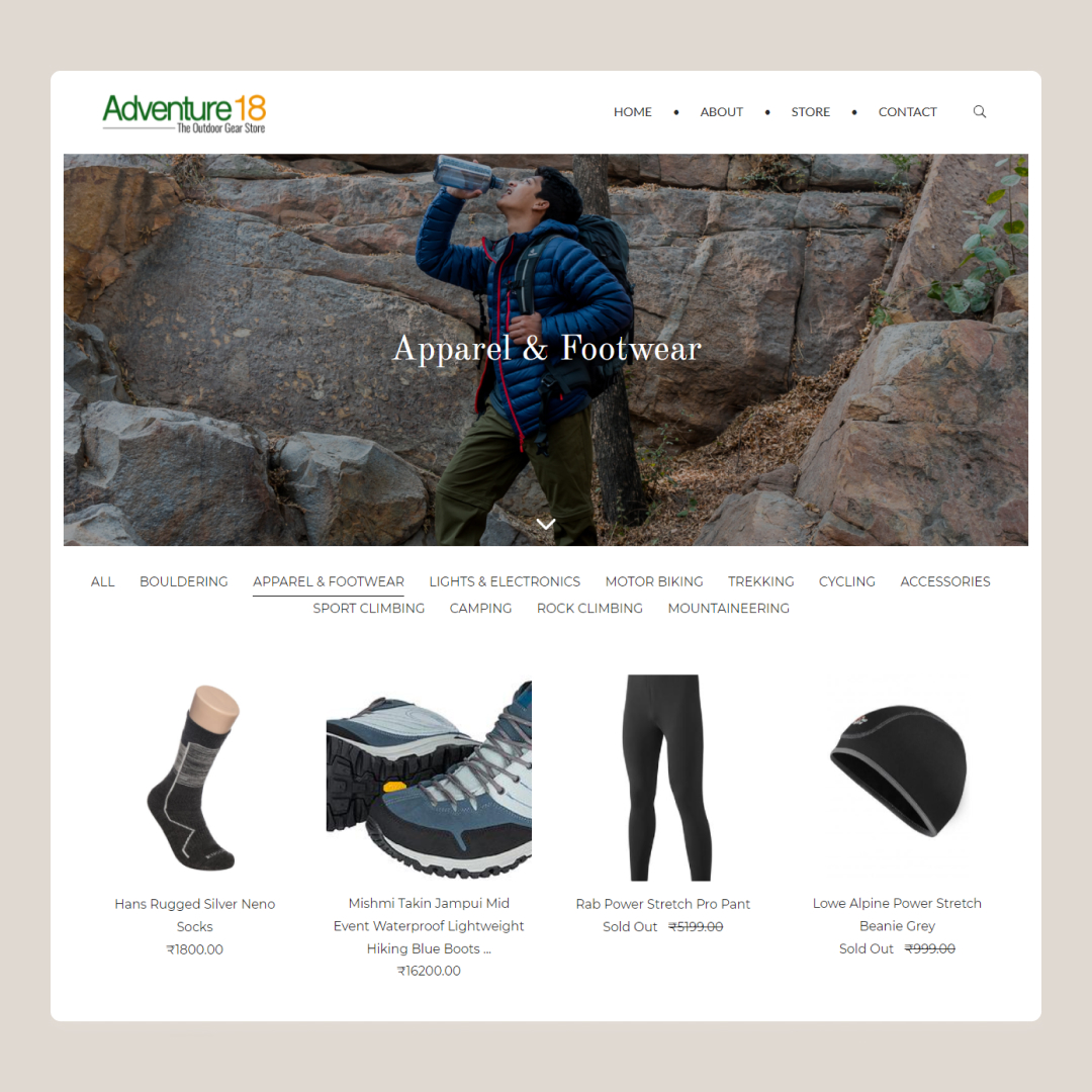Pixpa's tweet image. Created by professional rock climber and athlete Mohit Oberoi, Adventure 18 showcases products developed by famous outdoor brands such as Northface, Valandre, and Beal, among others. 
Website &amp;gt; adventure18.com

#MadewithPixpa #Websiteexamples #Onlinestore #eCommercestore