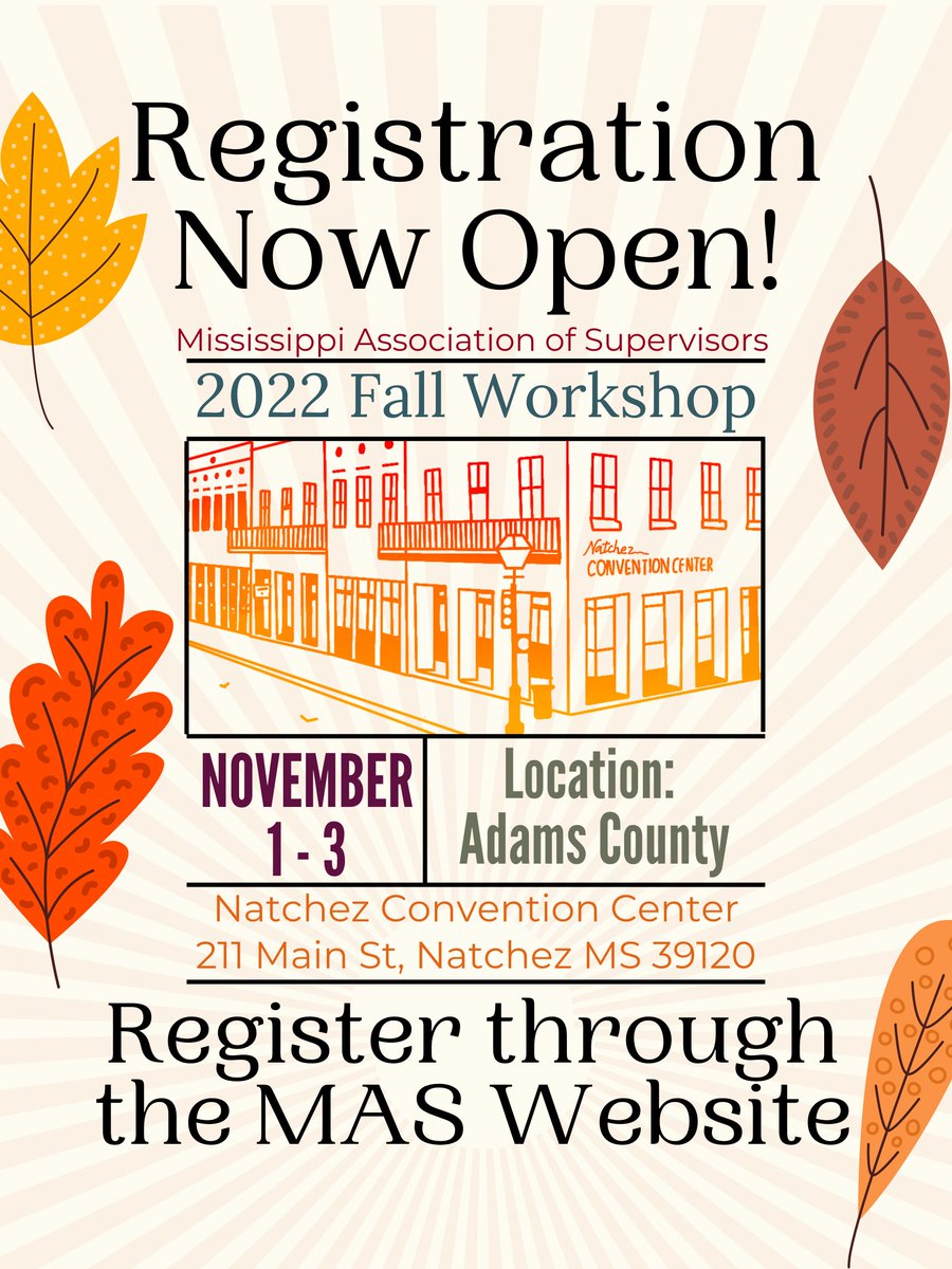 Mississippi Association of Supervisors (@mas_countygov) on Twitter photo Registration for the 2022 Fall Workshop is now open! Click the link to register mssupervisors.org/mas-2022-fall-… Registration for the 2022 Fall Workshop is now open! Click the link to register mssupervisors.org/mas-2022-fall-…