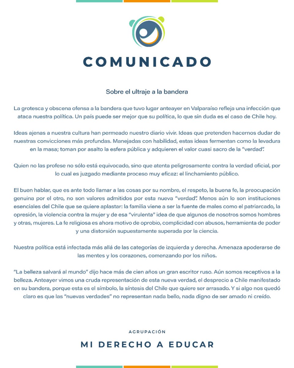 Sobre el #Ultraje a nuestra querida 🇨🇱 en #Valparaíso, desde MDE rechazamos "... el desprecio a Chile manifestado en su bandera. Esta es el símbolo, la síntesis del Chile que quiere ser arrasado." Como Agrupación de Padres, no nos cansaremos de transmitir el amor a nuestra patria