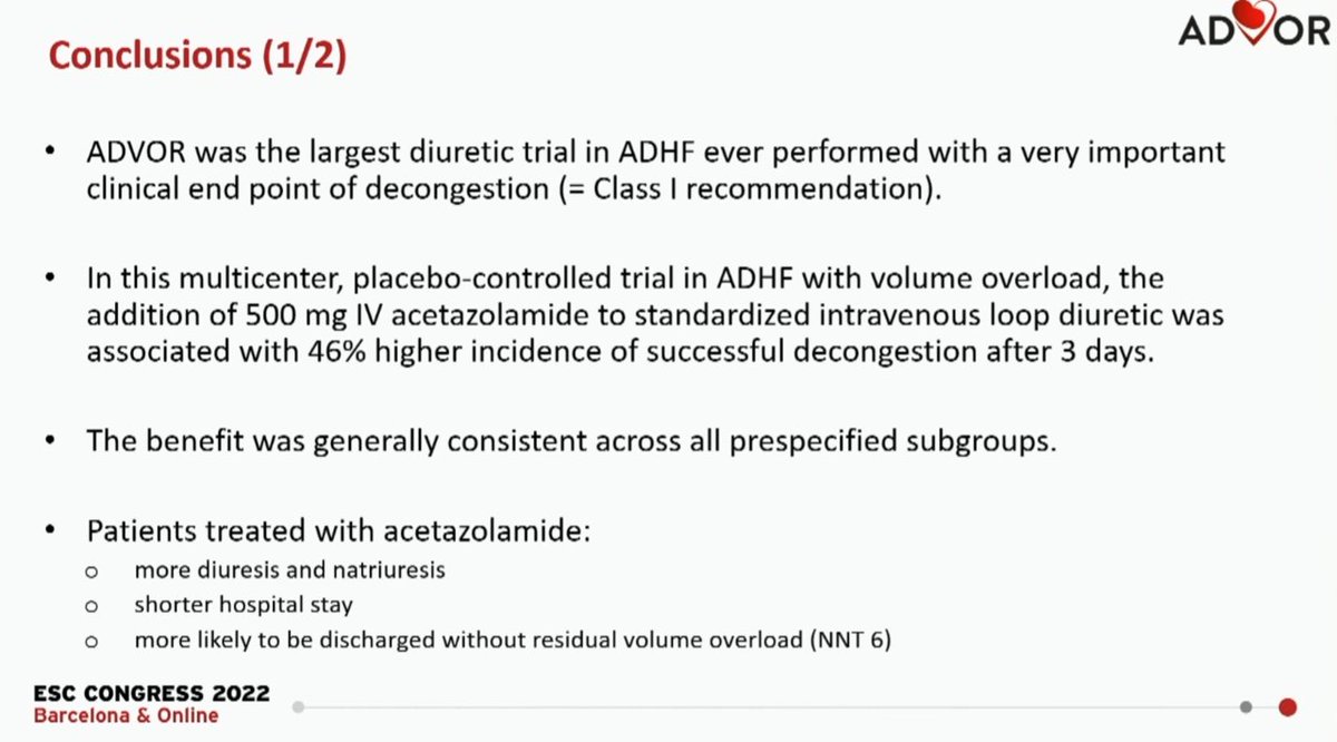 💥My top 10 learning points from the #ESCCongress 2022💥 A thread for cardiologists/general physicians 1) Addition of IV acetazolamide to IV furosemide in AHF results in 46% higher incidence of successful decongestion after 3 days EVIDENCE: ADVOR nejm.org/doi/full/10.10…