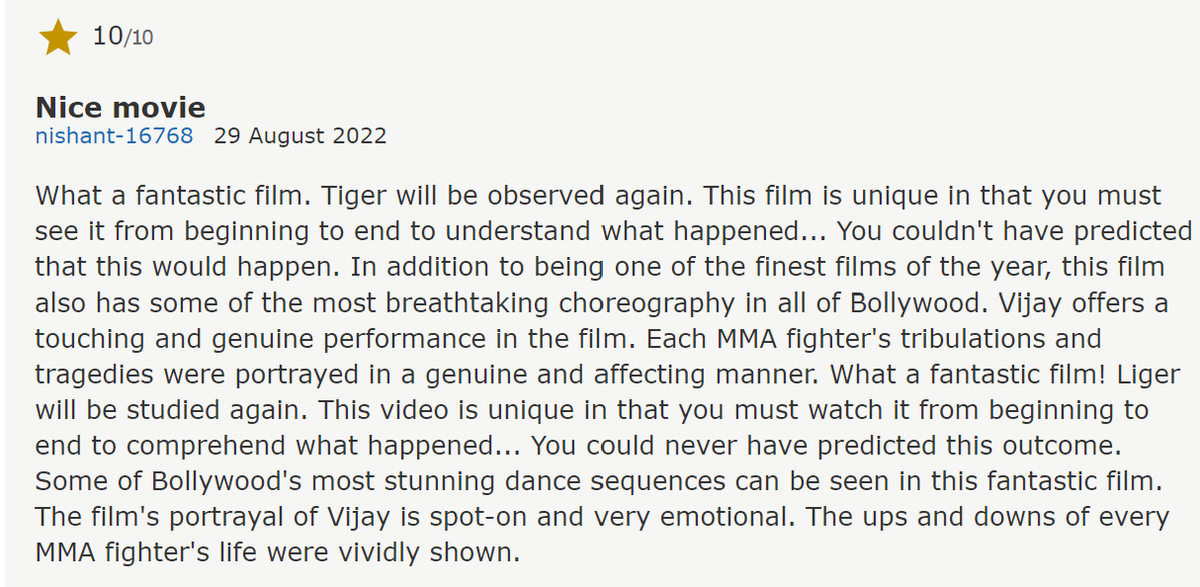 SujanFaster's tweet photo. If only they put so much effort in getting the script right as well.
#ligermoviereview #IMDb #botsinaction https://t.co/lfuzp6VAbE