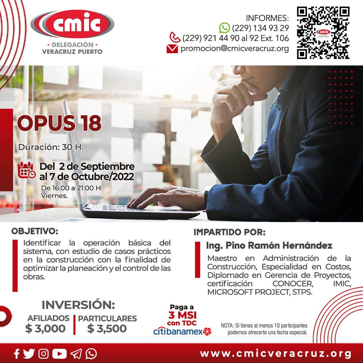 cmicveracruz's tweet photo. Falta poco para que inicie el curso online de #OPUS18. ¿Ya te inscribiste?
Inicio: 2 de Sept./2022, vía #zoom.
Escanea el código QR para descargar el temario.
Inscripciones:
📲229 134 9329
📨promocion@cmicveracruz.org
.
#presupuesto #obracivil #opus #preciosunitarios #cursos https://t.co/Y26lCO9L27
