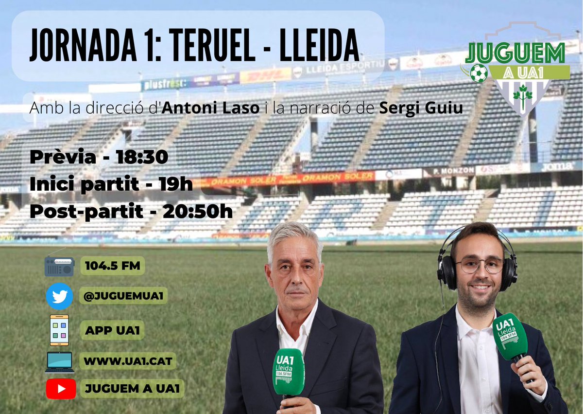 🔵DIA DE PARTIT🔵

⚽️El camí de l'ASCENS del @SalvarLleidaEsp comença a les 19:00h al camp del <a href="/TeruelCd/">Club Deportivo Teruel</a> 

💪L'EQUIP de #JUGUEM estrena TEMPORADA a les 18:30h.  

🎓ANTONI LASO
🌟<a href="/sergi_guiu/">Sergi Guiu</a>
💡DAVID CAPDEVILA
📱<a href="/xavilaso/">Xavi Laso</a>
⚙️<a href="/IvanUson/">Ivan Uson</a>

📻104.5FM, web <a href="/Ua1FM/">UA1 Lleida Ràdio</a> i YT

#7anysdeJuguem