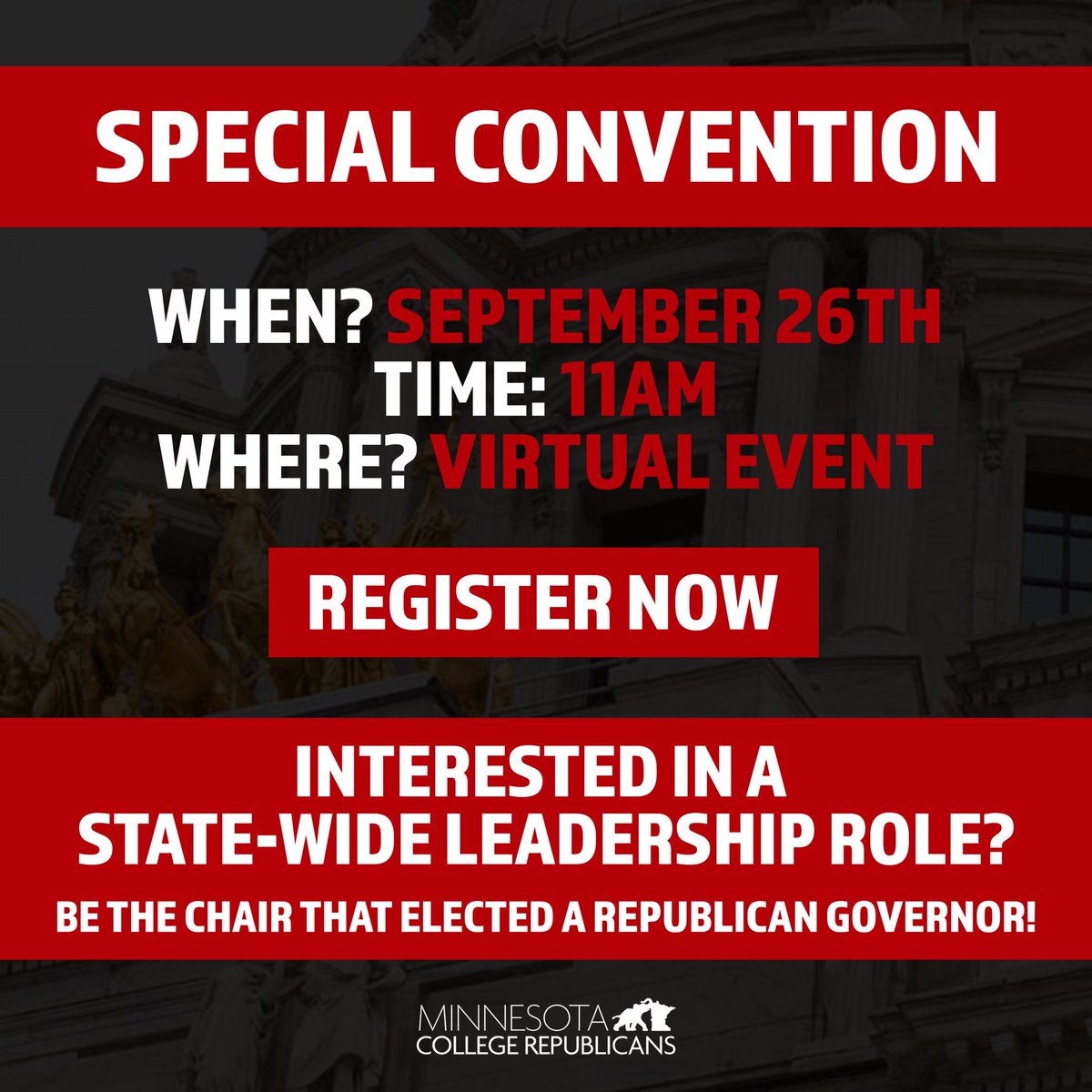 MNCRs's tweet photo. Attention Minnesota College Republicans 🗣🗣🗣

If you are interested in a leadership role, please use the registration link to officially submit your candidacy. 

This is YOUR opportunity to elect a REPUBLICAN GOVERNOR and turn Minnesota RED! 🇺🇸🇺🇸🇺🇸

https://t.co/K8Wvq7JOjg https://t.co/2BEAOn8l2l
