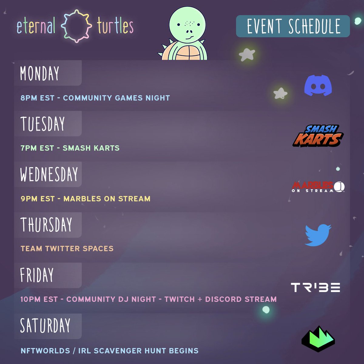 The Turtles have a jam packed week ahead of us with a bunch of different community events! Come hang out for any of these for your chance to win yourself a FREE TURTLE MINT! 

Hope to see you at some of the events this week 💚