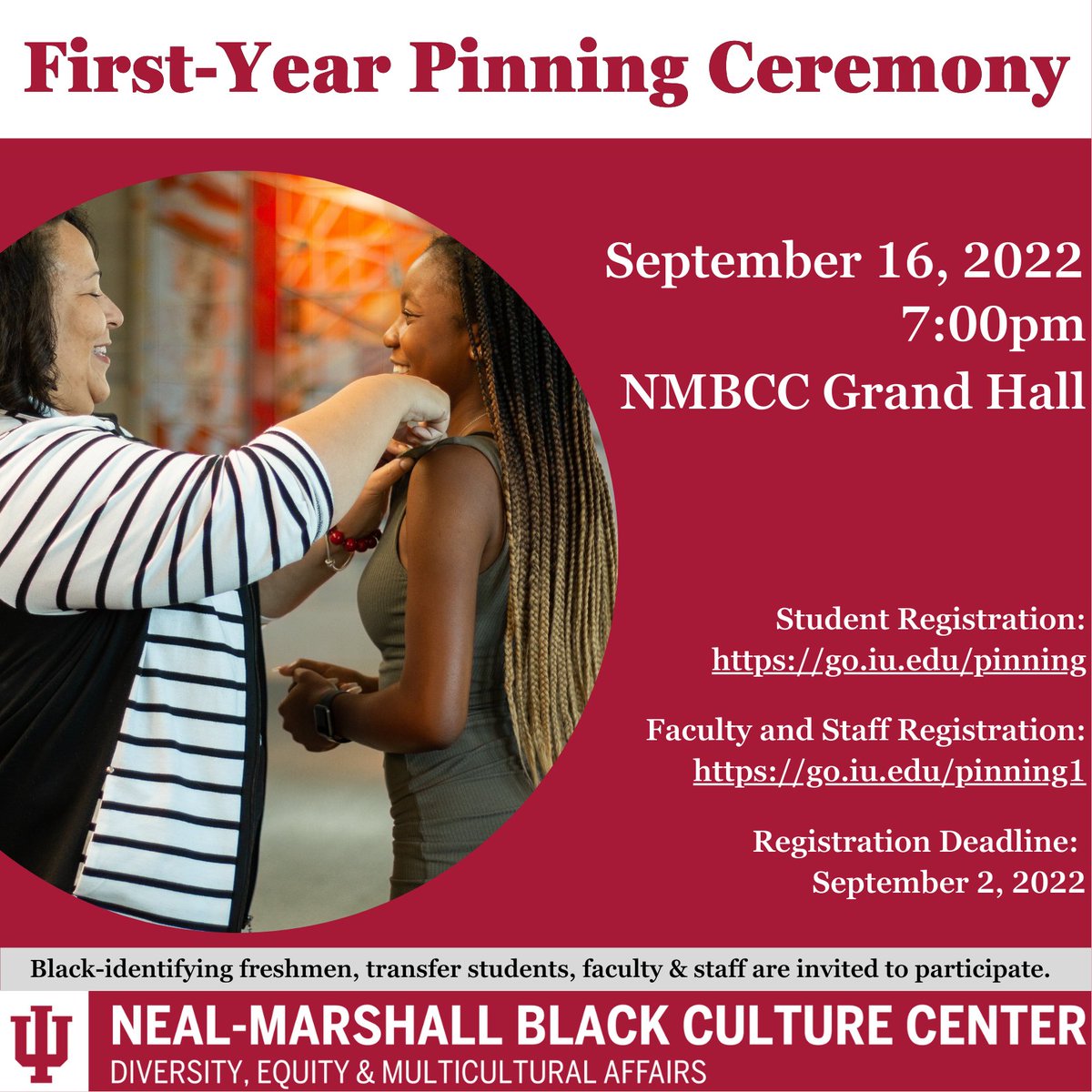 We are excited about the upcoming First-Year Pinning Ceremony happening on Friday, September 16 at 7pm in the <a href="/NMBCC_IU/">NMBCC</a>. Students register go.iu.edu/pinning! #fortheculture #NMBCC #firstyear