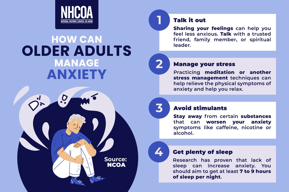 NHCOA's tweet photo. #NHCOAHealth | Anxiety affects nearly 4% of older adults worldwide.
Even though therapy should always be the number one option to treat it, there are a few lifestyle practices that can be adopted to make #anxiety more manageable.
Check some of these practices below⬇️
#anxietytips https://t.co/VikMoLPyqi