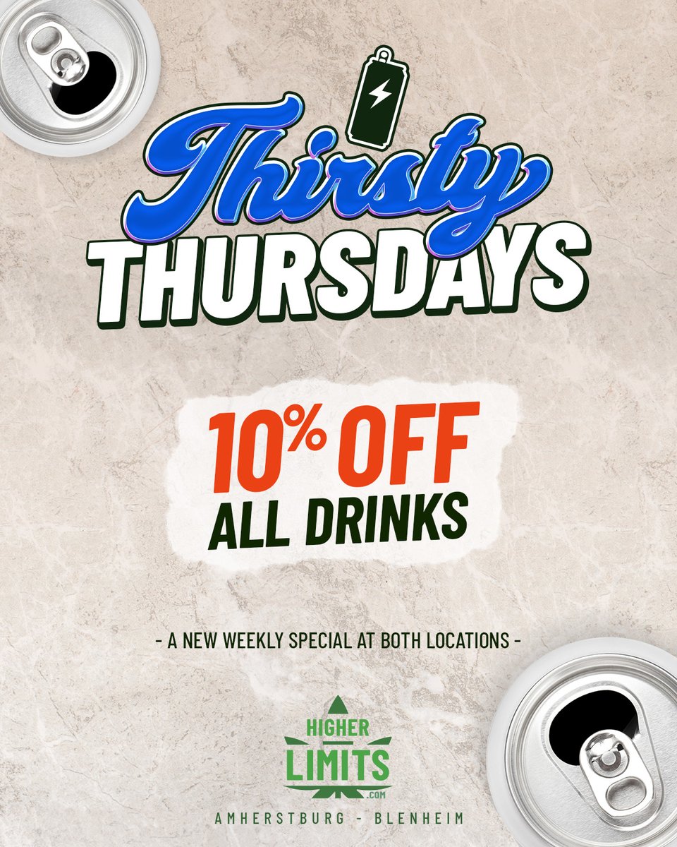 Friends! Some new weekly specials to announce this week!

Today is our first #munchiemonday and Thursday will be our first #thirstythursday!

Enjoy 10% off all edibles today and every #Monday, and 10% off all beverages on #Thursdays!

#yourbestbuds #amherstburg #blenheim