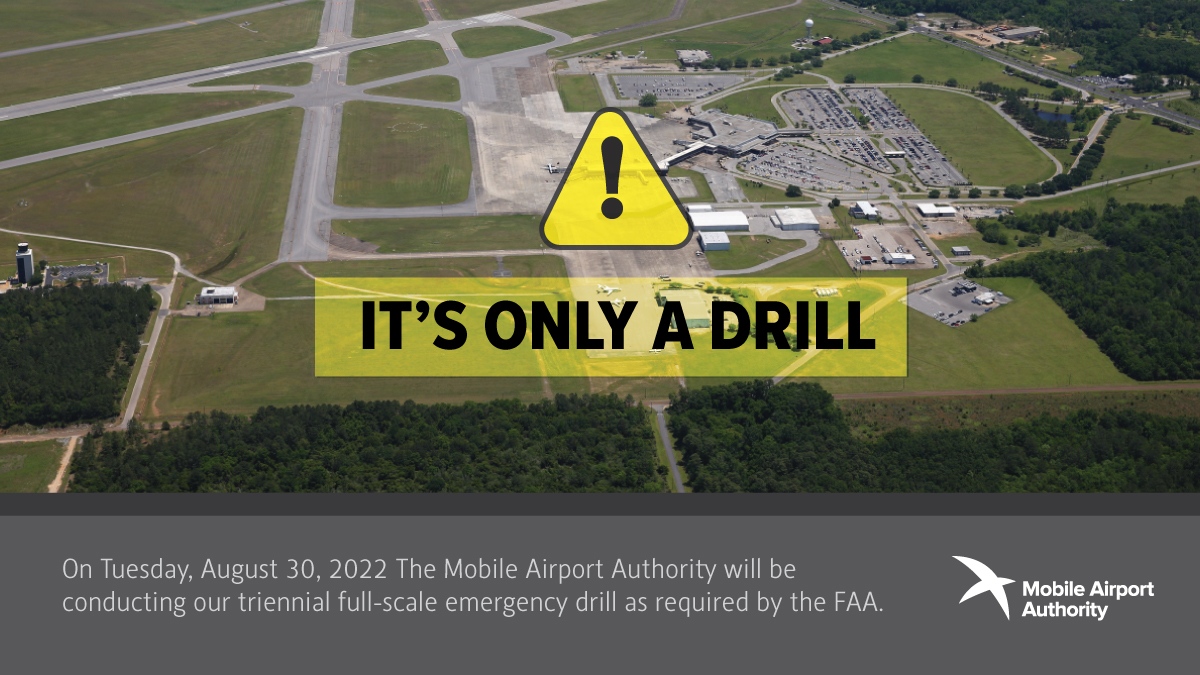 MobileRegional's tweet photo. 🚨JUST A DRILL: From 9 am-Noon on Tuesday, Aug. 30, the Mobile Airport Authority will test its crisis readiness with a full-scale emergency exercise at the Mobile Regional Airport. MORE >> https://t.co/W77lx2etNH https://t.co/GbXKoV7n73