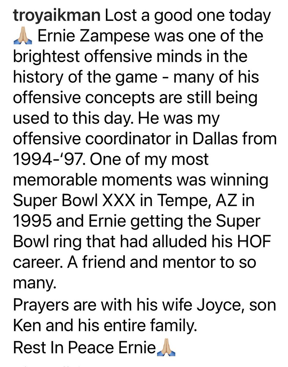 MikeDoocyFox4's tweet photo. A huge contributor to the @dallascowboys success in the 90’s, Ernie Zampese, gone at 86.  Troy Aikman’s tribute… https://t.co/F5DPDGUuw7