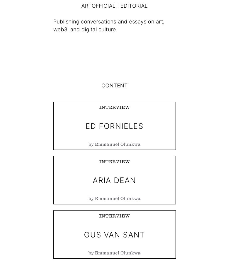 👓 summer review:

Gus Van Sant <a href="/Gus_Van_Sant/">Gus</a> 
Aria Dean <a href="/lol_prosciutto/">blipsterrunoffdotcom</a> 
Ed Fornieles <a href="/EddFornieles/">Ed Fornieles</a> 
+ Emmanuel Olunkwa <a href="/wordimagetext/">Emmanuel Olunkwa</a>

editorial.artofficial.com