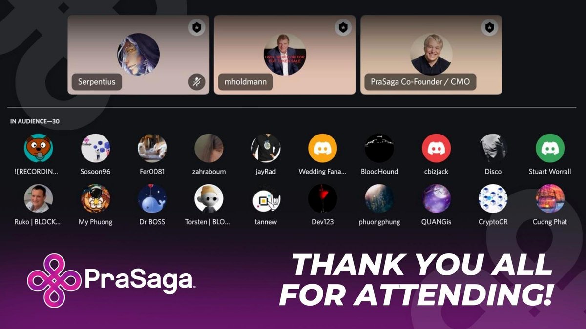 PrasagaOfficial's tweet photo. (1/2)

Thank you to everyone who attended our #AMA with #PraSaga Co-Founder and CMO @thejaymoore.

We had dozens of community members in attendance on Discord, interacting and asking questions. Thank you to Founder and CEO @mholdmann for the guest appearance!

See you next time! https://t.co/kfHYLsexsA