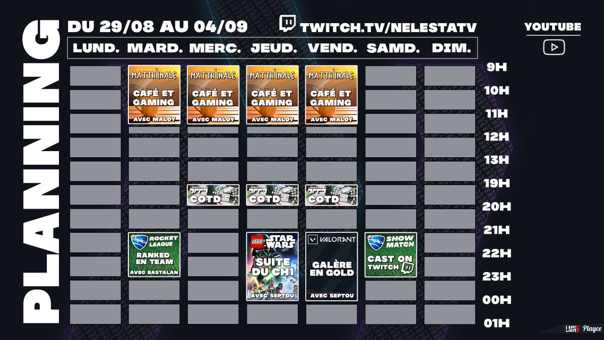 NelestaEsport's tweet photo. Hellooow, new year, new planning baby 👋

𝙋𝙤𝙪𝙧 𝙧𝙖𝙥𝙥𝙚𝙡 :
- On follow la chaine ❤️
- On s'abonne pour soutenir la structure avec des emotes de qualité 👑

➡️ https://t.co/c6bNG5teox⬅️

📥 Planning en bas 📥

#NELESTAWIN 💙💜 #Twitch https://t.co/dK22xl3W4W