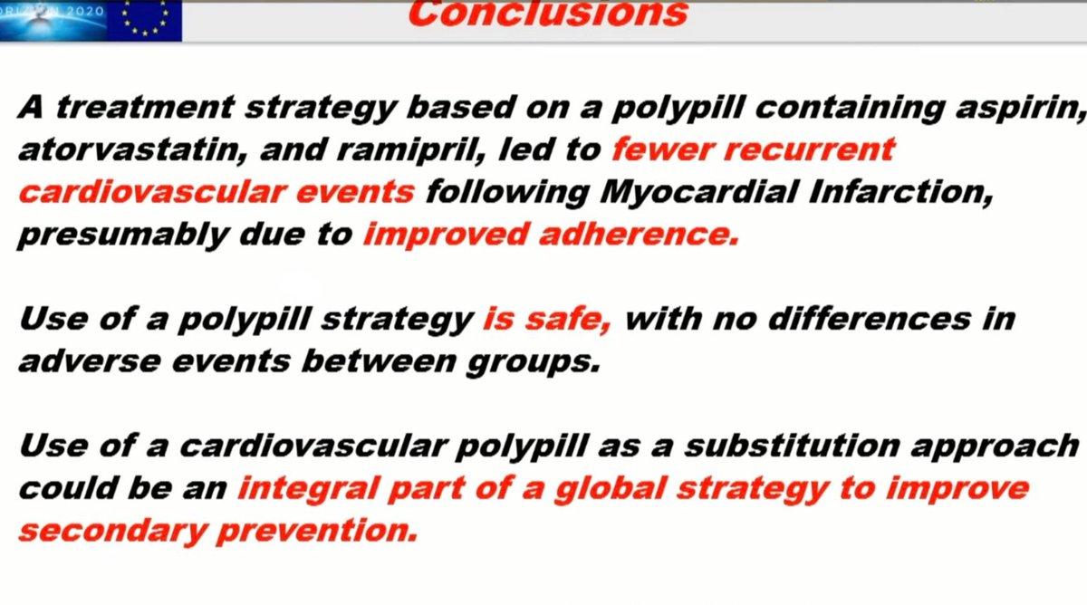 6) Treatment with a polypill containing aspirin, ramipril and atorvastatin after MI resulted in a significantly decreased risk of major adverse events than usual care

Evidence: SECURE 
nejm.org/doi/pdf/10.105… 
#ESCCongress