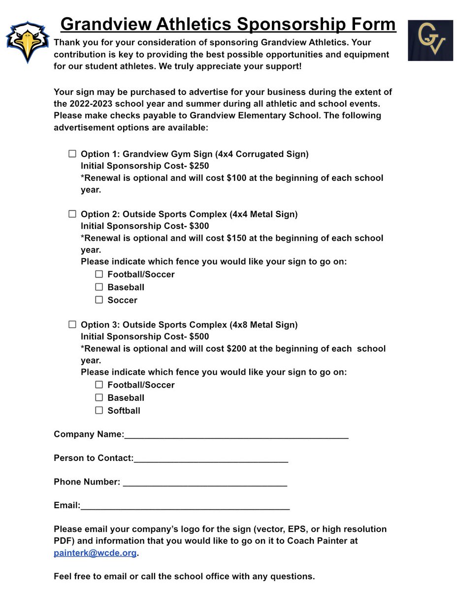 GVAthleticDept's tweet photo. We are looking for sponsors to support Grandview Athletics! Let us know if your business would like to partner with us! All proceeds will go directly to our help our teams! @GrandviewES https://t.co/CZ4lF9ffKW