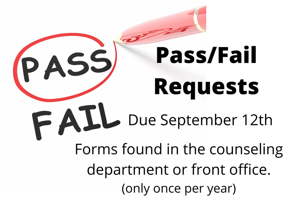 ParkwoodHSNC's tweet photo. Students may take one elective class per year on a pass/fail basis. The deadline to request a fall class to be as pass/fail is September 12th. Forms are available in the counseling center and front office. @AGHoulihan @UCPSNC #WelcomeBackPack https://t.co/06bHdjSG0u