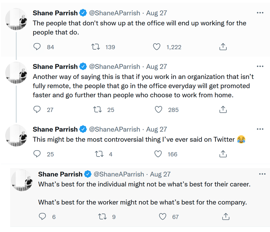 colinalewis's tweet photo. I think this view from Farnam Street blog is true. Even though I would like it not to be true. 

The responses to original tweet are all variations on 'I don't like that idea, so you are wrong'.
'Face time' and 'proximity' =>recency effect. 
Its a very difficult bias to overcome. https://t.co/M2j3ZcC32z