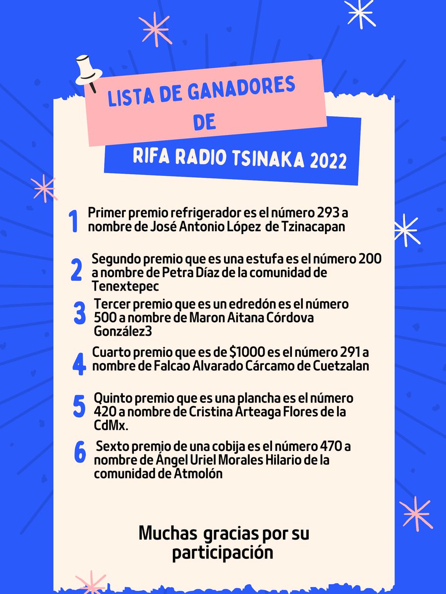 Les compartimos la lista de ganadores y ganadora de la rifa anual de Radio Tsinaka 2022
¡¡Muchas gracias!!