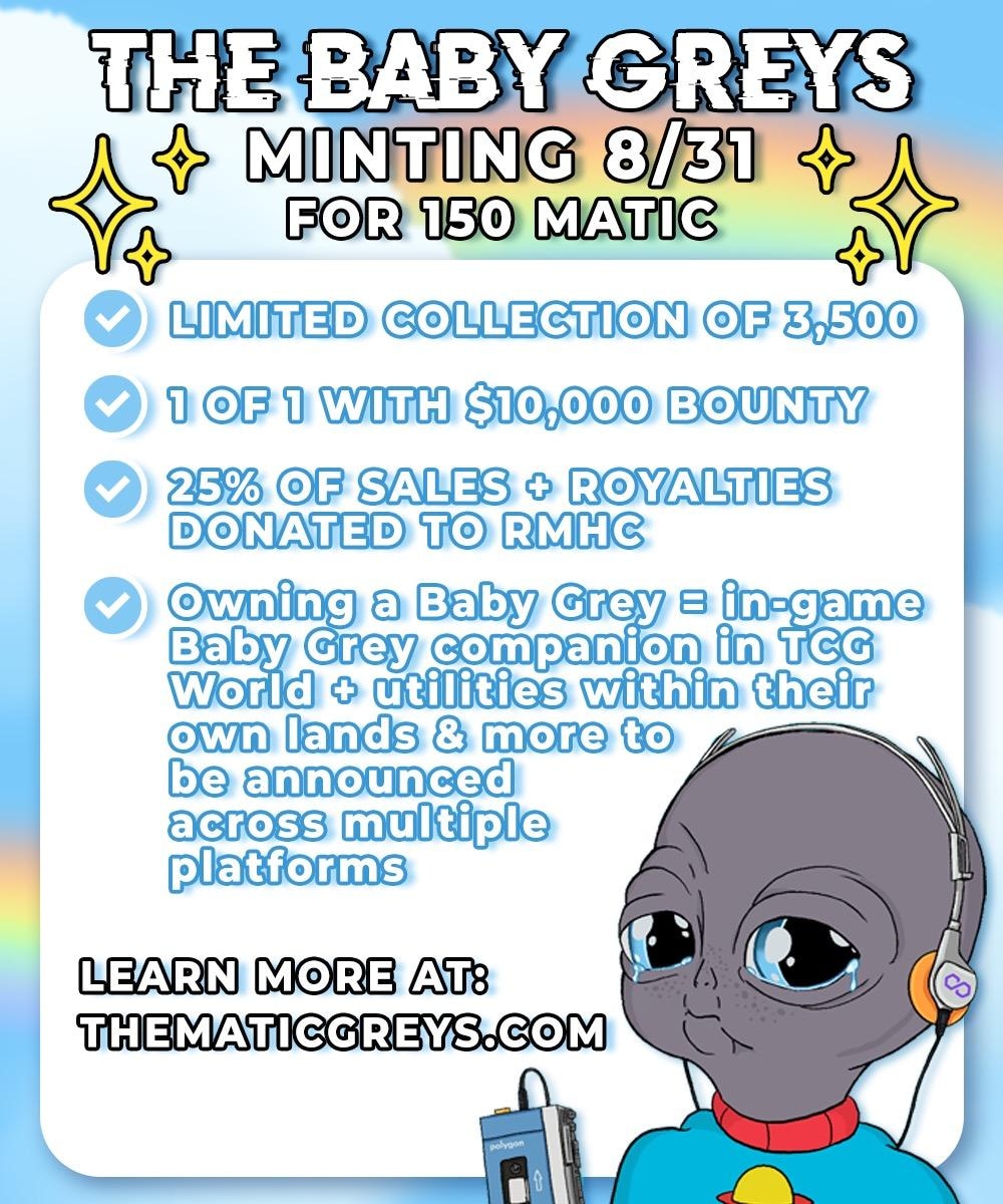 EarlMaticGrey's tweet photo. @cometwtf Doxxed family project ♥️ @TheMaticGreys mint #thebabygreys tomorrow! 1 of 1 with $10,000 bounty. Less than 2,000 to mint. 25% of all sales and royalties going to the Ronald Mcdonald house charities!! Utilities and in game companions in @OfficialTCGCoin 🔥 💪 https://t.co/PaYAVgStia