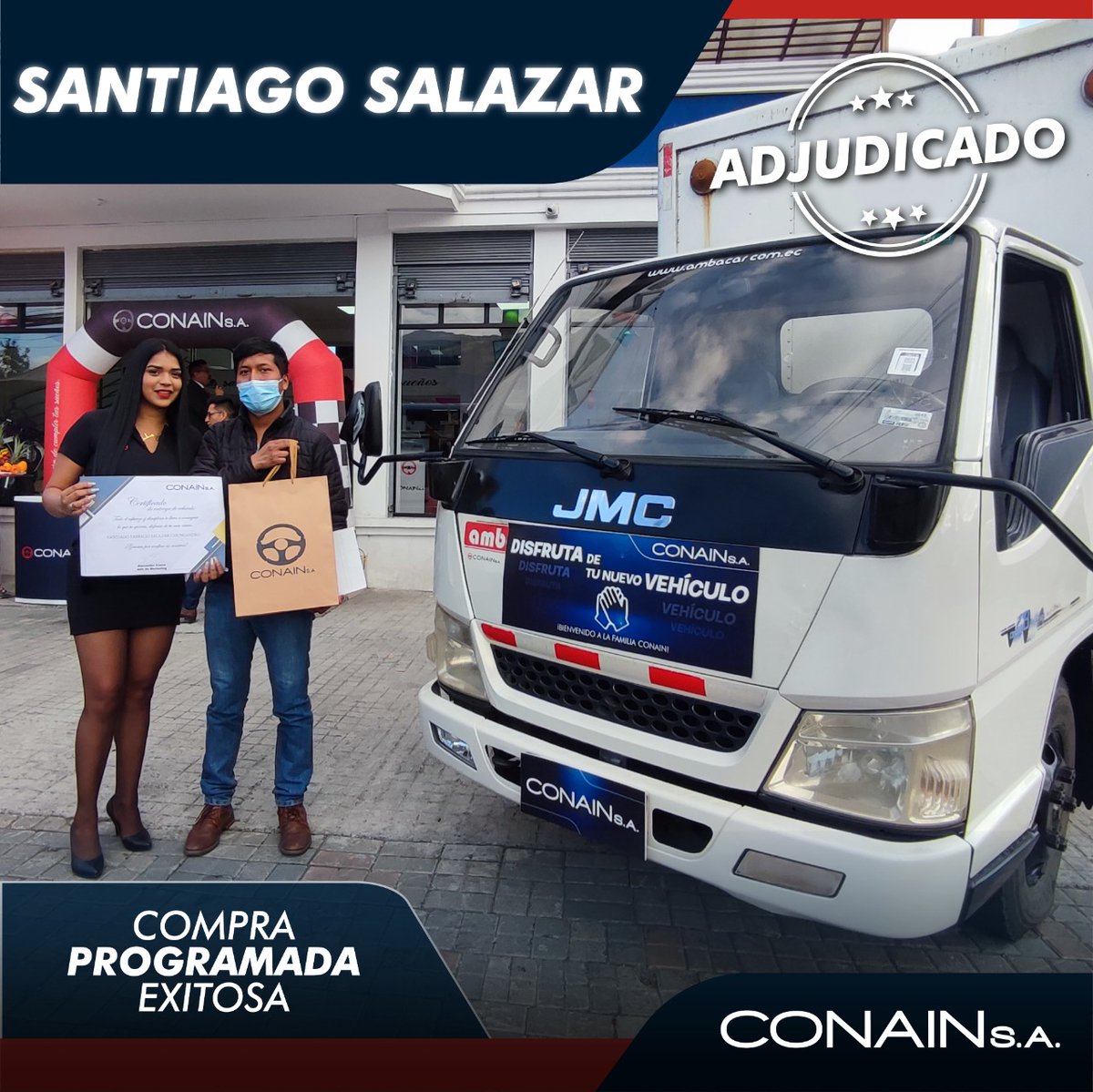 ConainSA's tweet photo. 🚛 🚚 🚐 Todo gran esfuerzo trae su recompensa. Nuestro cliente Santiago Salazar es dueño de su camión #JMC y hace crecer su negocio para el bienestar de él y su familia. 
En #CONAIN #ConquistaTusMetas https://t.co/SZCMV8fHm5
#vehículos #autos #Guayaquil #Quito #Manta https://t.co/dWEMZQTbtw