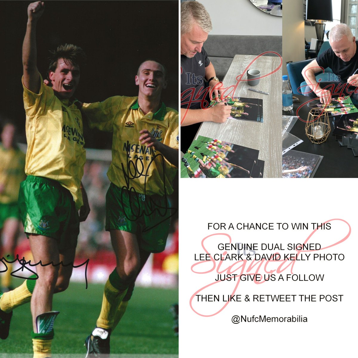 NufcMemorabilia's tweet photo. Another competition? Why not! To win this dual signed David Kelly &amp; Lee Clark photo with proof, just give us a follow then like and retweet the post. Closing date is Monday 5th September. Good luck. #NUFC https://t.co/MuRAqFDzDh