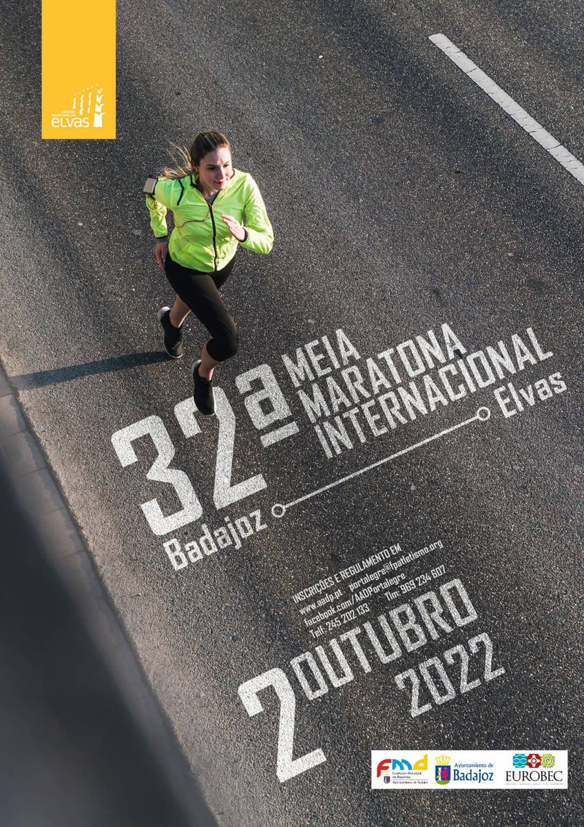 🗓️2 outubro 2022
🕤9h30 🇵🇹
🏃‍♀️🏃🏃‍♂️ Meia Maratona #Elvas - #Badajoz
Abertas as inscrições 🖊️📢até 🗓️23 de setembro
    Regulamento 👉bit.ly/3e3RgbX 
    Inscrições 👉 bit.ly/3wBWzFQ
Notícia 👉euro-ace.eu/pt/noticias/ab…
<a href="/MunicipioElvas/">Municipio de Elvas</a> <a href="/aytodebadajoz/">Ayuntamiento Badajoz</a> <a href="/poctep/">Interreg España-Portugal</a>