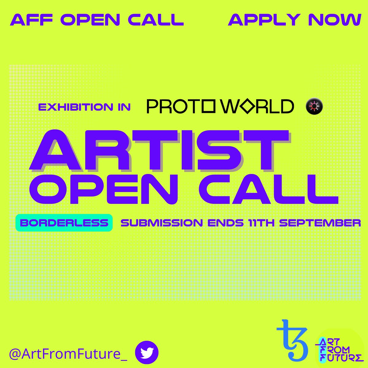 ArtFromFuture_'s tweet photo. 📢ARTIST OPEN CALL📢 BORDERLESS
Want to be part of our upcoming Metaverse exhibition in @Protoworld_io? We're looking for artists!
TO ENTER:
-POST your work below or TAG an artist you'd like featured
- LIKE + RT post
- FOLLOW @ArtFromFuture_
DEADLINE 11th SEPTEMBER
#tezos https://t.co/ClxY5S8RdZ