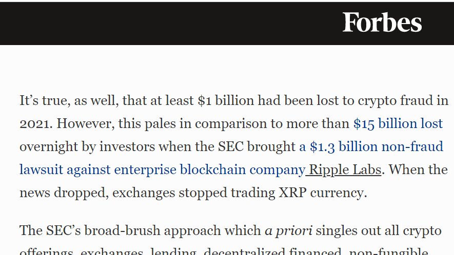 $1 Billion lost due to crypto fraud in 2021.

$15 Billion lost due to the SEC v. Ripple lawsuit.

Who is the SEC "protecting" again?

Gensler Says Crypto Treated Just Like The Market; 200 SEC Lawsuits Say Otherwise. via @forbes forbes.com/sites/roslynla…