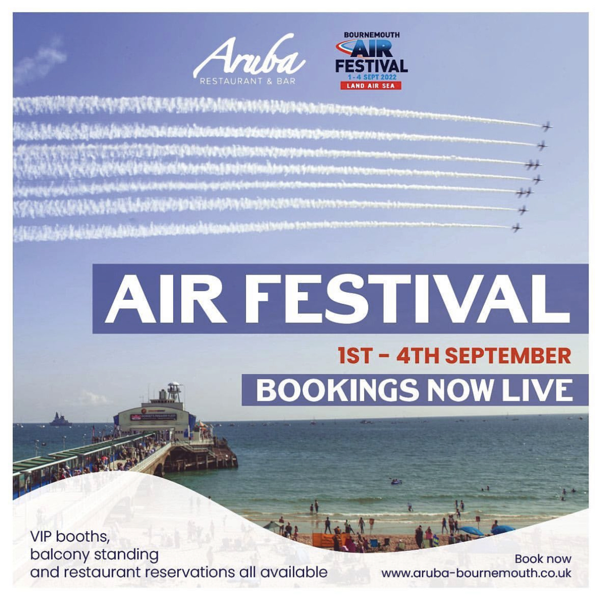 CoastalBID's tweet photo. We can’t wait to watch @BmthAirFest this weekend! ✈️ 

Here are just some of the best spots around Pier Approach: 

🍹  @ArubaBmouth
🐟  @WestBeachBmouth
🍟  @HarryRamsdensUK 
🌊  Keywest

Make sure to book!

#LoveBournemouth #coastwiththemost #airfestival #airshow #bmthairfest https://t.co/1A92u0lpiN