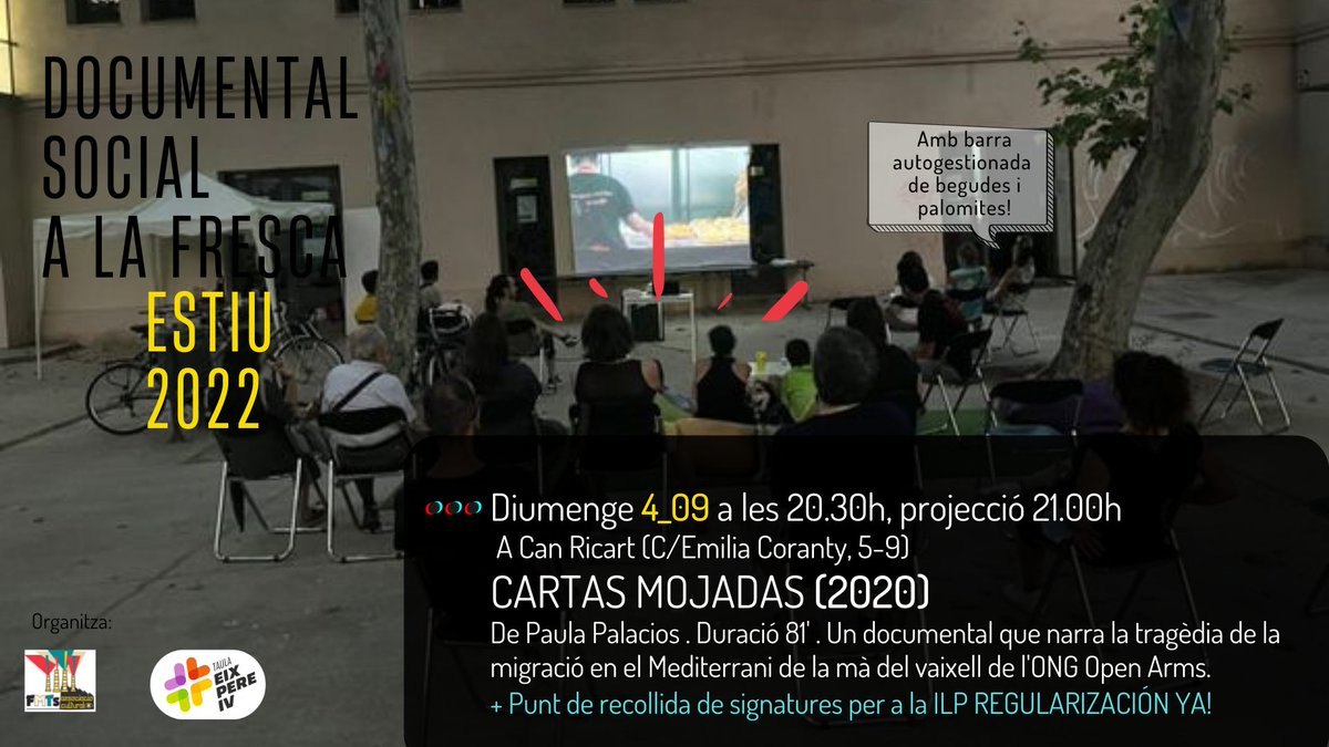 FumatsP9's tweet photo. El domingo que viene, 4 de septiembre, cerramos el ciclo de Documental a la Fresca en Can Ricart! Junto a la Taula Eix Pere IV  tendremos el honor de proyectar:
"Cartas Mojadas" (2020), de Paula Palacios. Os esperamos!
También recogeremos firmas para la ILP #Regularizaciónya !! https://t.co/DlarAtolgi