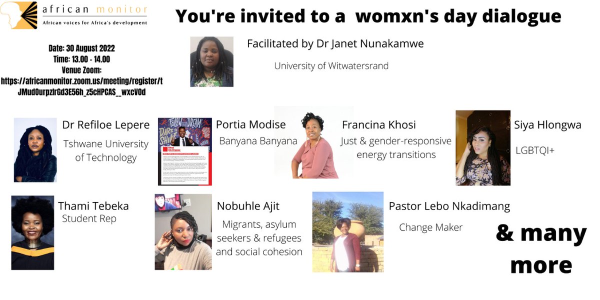 AfricanMonitor's tweet photo. You're invited to a womxns day dialogue tomorrow at 13.00 in which we will have a discussion with various stakeholders groups about a new social compact
Register at the link https://t.co/HWq3UKTGyc
#newsocialcompact #dialogue #womenmonth #discussion https://t.co/AXotxhU24L