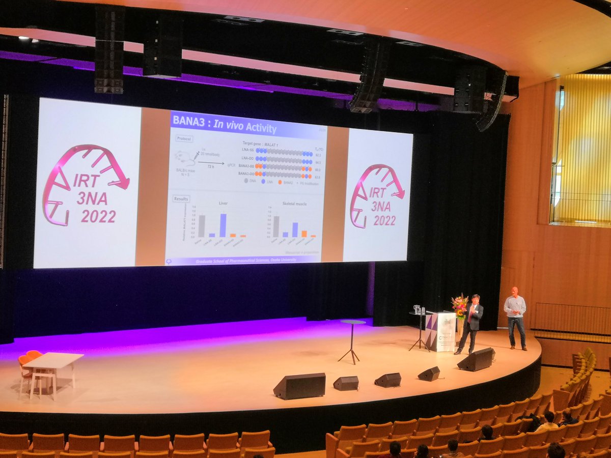 NicoloFZuin's tweet photo. Very interesting talk from Prof Obika about Bridged Altritol Nucleic Acids (BANA) that increase duplex stability and have improved nuclease resistance. #IRT3NA #nucleicacids #modifiedoligos #therapeutics #ATDBio #Biotage https://t.co/c6is0KrUmu