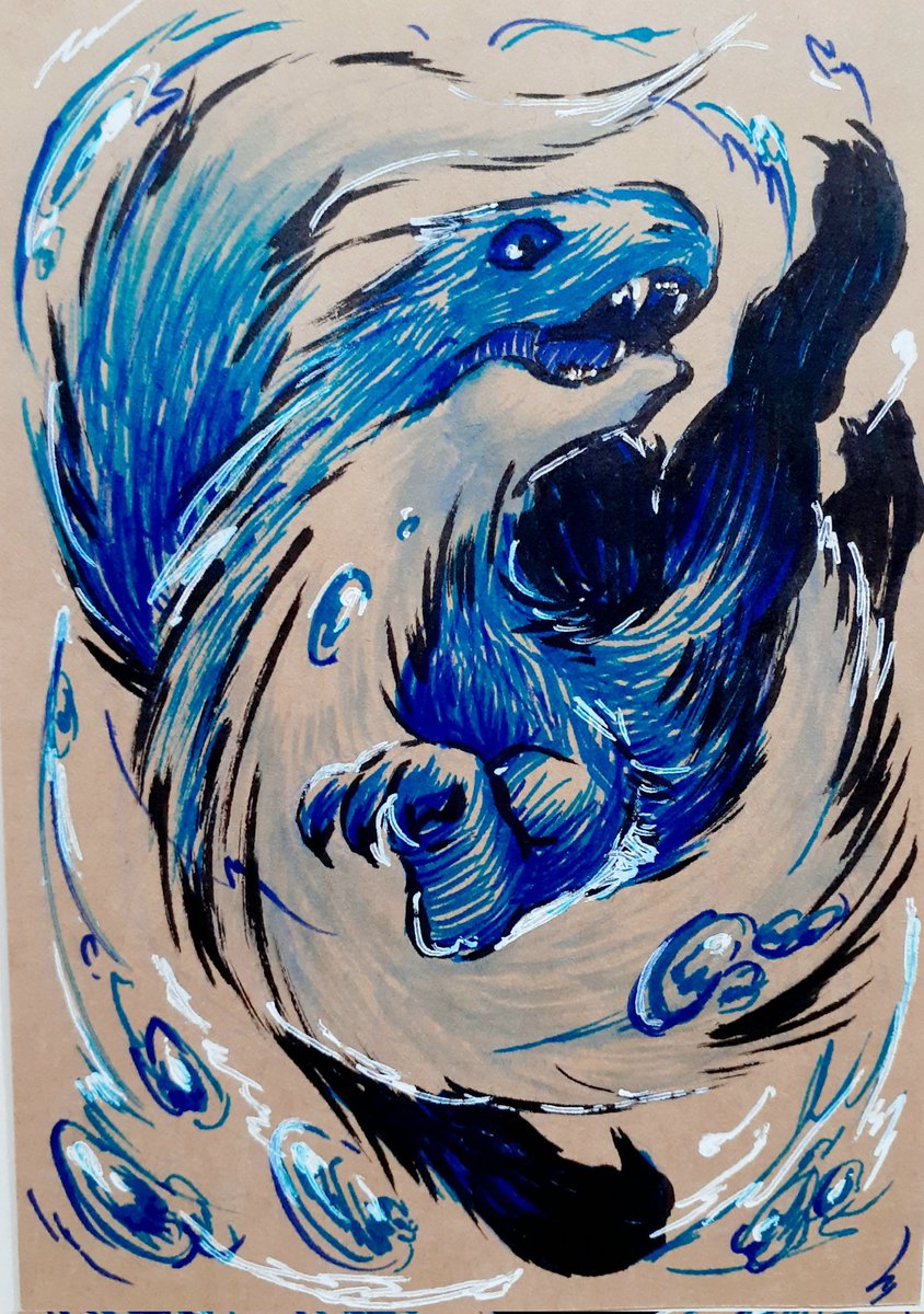 「(筆ペンしか無かったので)筆ペンでシンプル(なキャラデザ)水棲龍#うちの子#絵柄」|九尾のキタキツネ@絵とドール制作の狐のイラスト