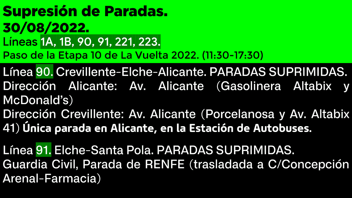 AndresCA541's tweet photo. Supresión de Paradas de las líneas 1A, 1B, 90, 91, 221 y 223 por el paso de @LaVuelta por #Elche. (30/08/2022)
Modificación de Recorridos y Supresión de Paradas de las líneas 1 y 3 por el paso de @LaVuelta por #LAltet, #Urbanova y #Alicante. (30/08/2022)
@Vectalia. https://t.co/ZwMGfBo4l7