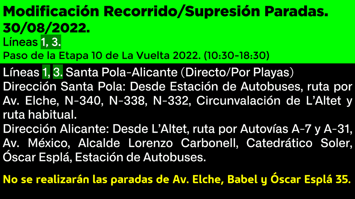 AndresCA541's tweet photo. Supresión de Paradas de las líneas 1A, 1B, 90, 91, 221 y 223 por el paso de @LaVuelta por #Elche. (30/08/2022)
Modificación de Recorridos y Supresión de Paradas de las líneas 1 y 3 por el paso de @LaVuelta por #LAltet, #Urbanova y #Alicante. (30/08/2022)
@Vectalia. https://t.co/ZwMGfBo4l7