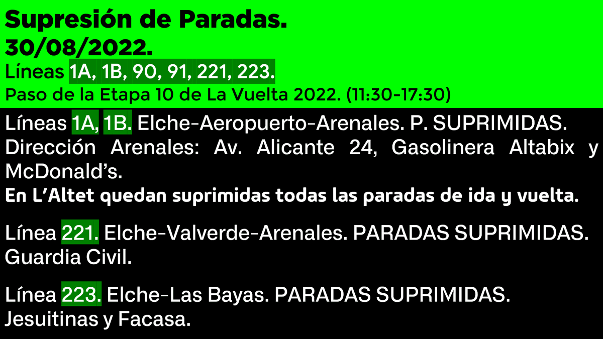 AndresCA541's tweet photo. Supresión de Paradas de las líneas 1A, 1B, 90, 91, 221 y 223 por el paso de @LaVuelta por #Elche. (30/08/2022)
Modificación de Recorridos y Supresión de Paradas de las líneas 1 y 3 por el paso de @LaVuelta por #LAltet, #Urbanova y #Alicante. (30/08/2022)
@Vectalia. https://t.co/ZwMGfBo4l7