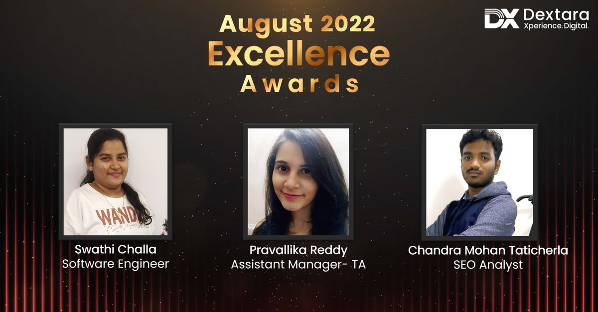 Dextara_Digital's tweet photo. We're happy to announce Dextara's Excellence Award Winners of August-22! 
We admire the people who add value to our teams with LEAD - Leadership, Empathy, Accountability, &amp; Diversity every month. Our Hearty #Congratulations and Best Wishes to all the #ExcellenceAward Winners. https://t.co/2rm6U541A8