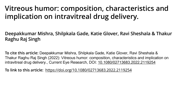 Great Ocular Drug Delivery Systems Lab, QUB (@thakurlab_qub) on Twitter photo We are excited to share our recent publication in <a href="/tandfonline/">Taylor & Francis Research Insights</a> in the current eye research journal by <a href="/Deepakk_mishra/">Deepak Mishra</a> <a href="/ShilpkalaGade/">Shilpkala gade</a> <a href="/KatieGlover2098/">Katie Glover</a> <a href="/RaviSheshala/">Sheshala Ravi</a> and <a href="/rthakur01/">Raj Thakur</a> A really great publication sharing insights on changes of vitreous humor and effect on drug delivery We are excited to share our recent publication in <a href="/tandfonline/">Taylor & Francis Research Insights</a> in the current eye research journal by <a href="/Deepakk_mishra/">Deepak Mishra</a> <a href="/ShilpkalaGade/">Shilpkala gade</a> <a href="/KatieGlover2098/">Katie Glover</a> <a href="/RaviSheshala/">Sheshala Ravi</a> and <a href="/rthakur01/">Raj Thakur</a> A really great publication sharing insights on changes of vitreous humor and effect on drug delivery